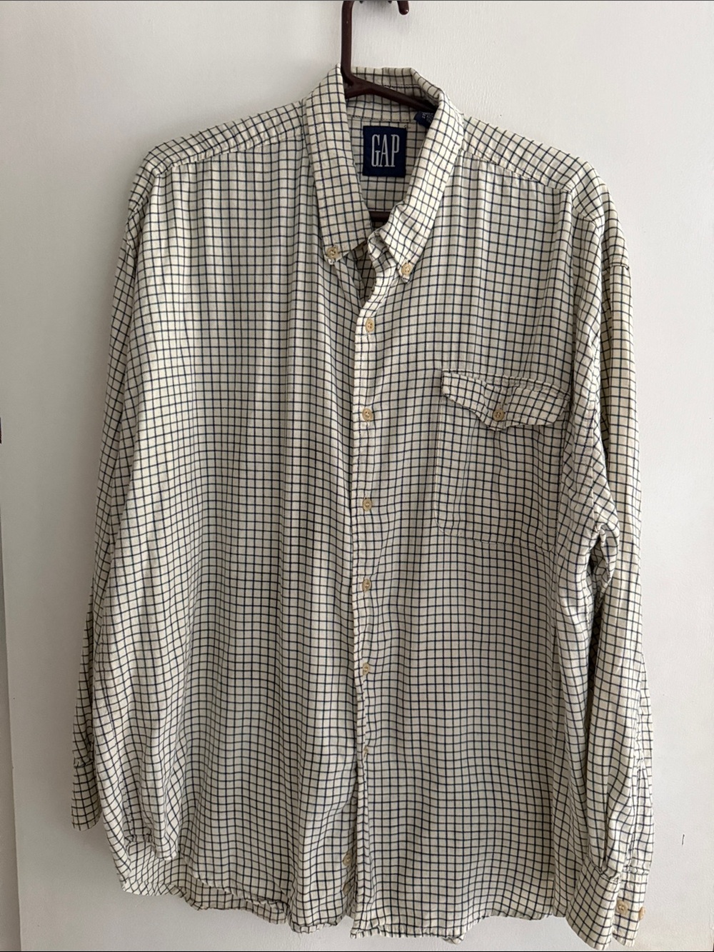 GAP Men's Cream Button-Down Shirt with Navy Grid